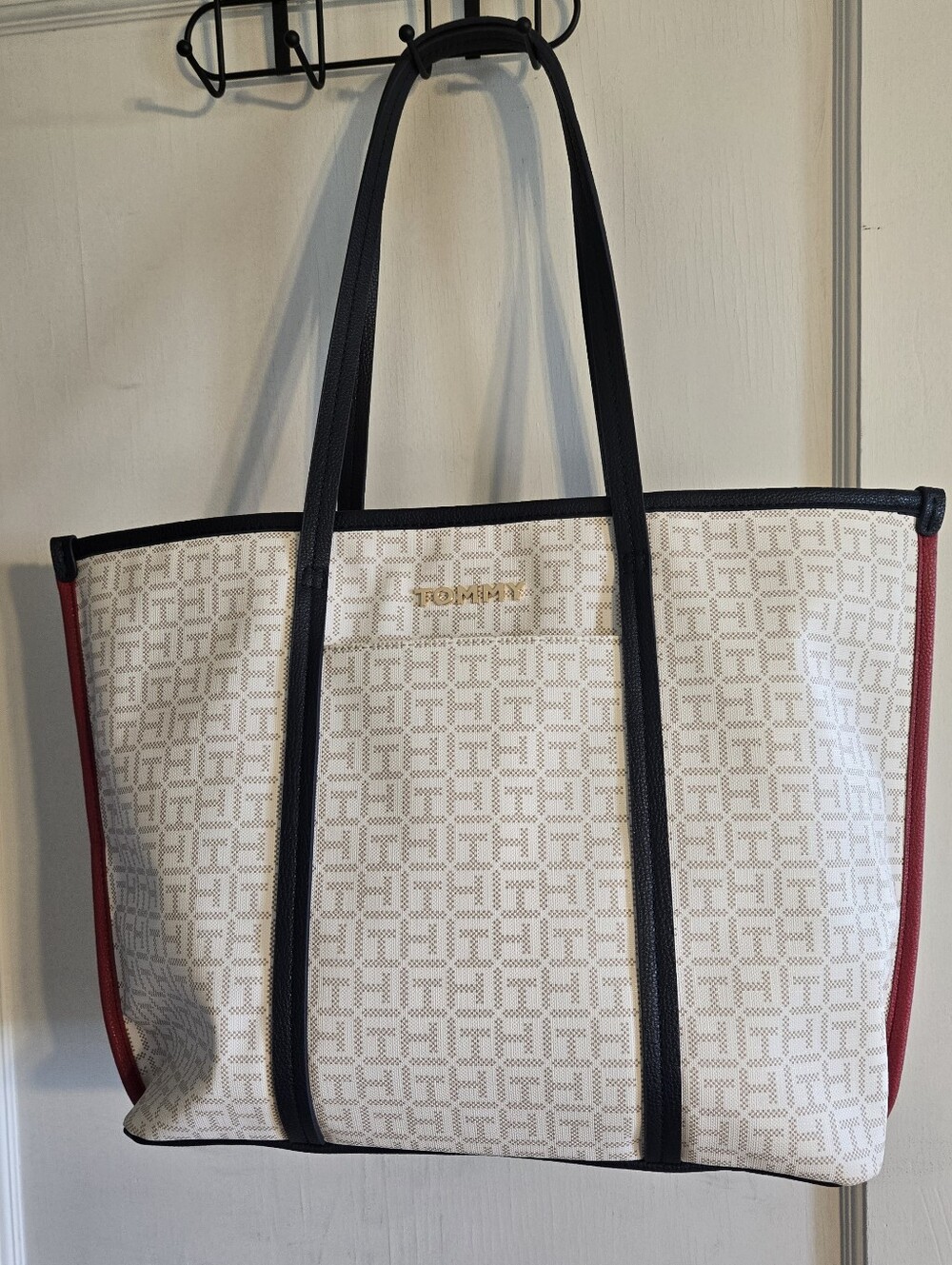 Tommy Hilfiger Cream Logo Tote with Blue Straps and Red Trim